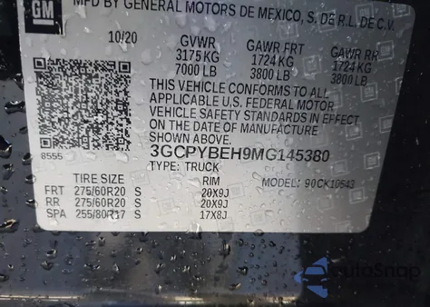 2021 Chevrolet Silverado 1500 4Wd Short Bed Custom from USA, damaged, VIN 3GCPYBEH9MG145380